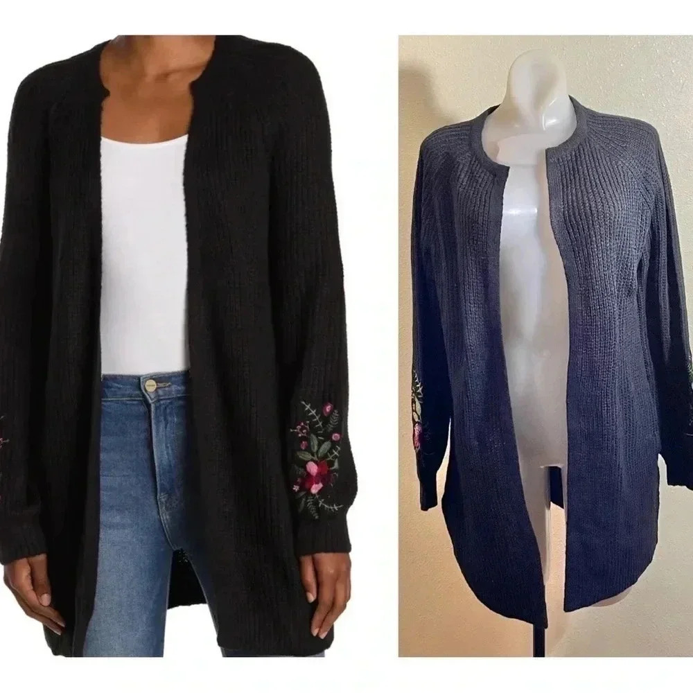 By Design Nordstrom Size S Open Front Long-line Sweater Cardigan Embroidered NEW